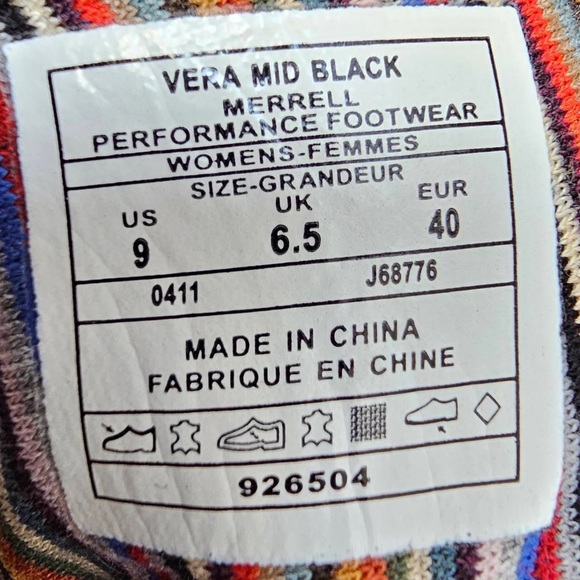 Merrell Boots Vera Mid Black Boots Combat SZ 9 Side Zip Pleated striped lining - Picture 9 of 11